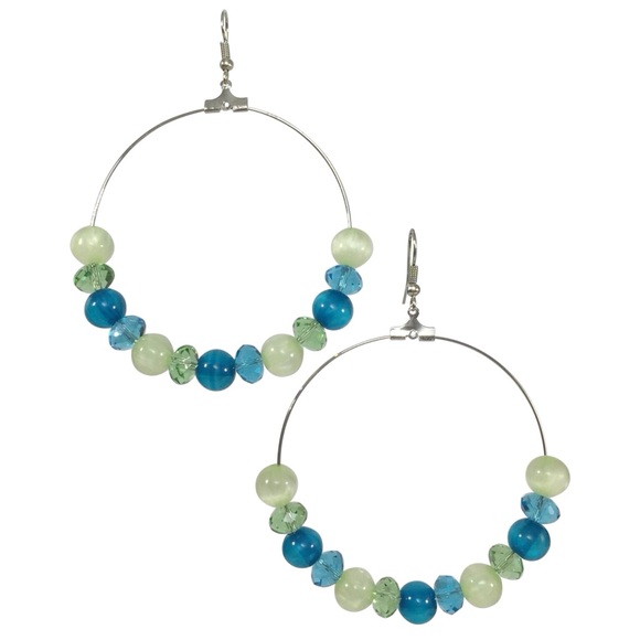 Blue & Green Beaded Drop Hoop Dangle Earrings - Picture 1 of 3